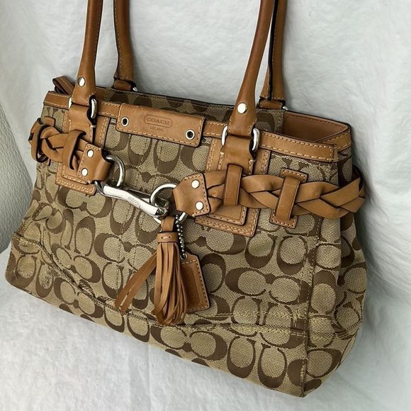 Coach brown signature canvas braided tassel shoulder bag purse - Picture 5 of 13